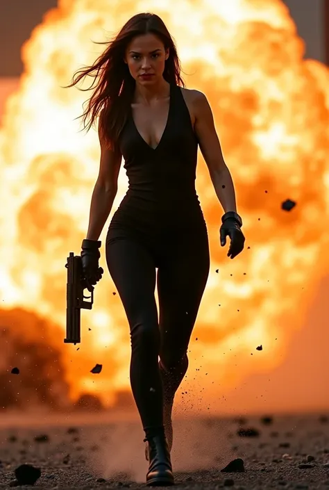 A video prompt of a woman in black outfit, holding a gun walking and, a sudden explosion takes place but, she is still on the go