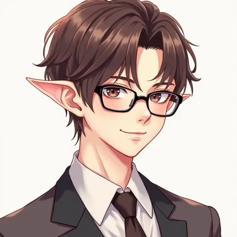 anime drawing of a man with glasses and a tie, delicate androgynous prince, beautiful androgynous prince, handsome guy in demon slayer art, clean detailed anime style, male anime style, long pointy ears, detailed anime soft face, highly detailed exquisite ...