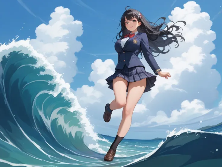 long hair,full body,wave long black hair,master piece,best quality,ultra detailed, highres,full body, wave hair,Japanese woman with long black hair ,Big Breasts, style and the skirt flips up 、 panties、School、Schoolyard、 blazer uniform、socks、 Masterpiece、 t...