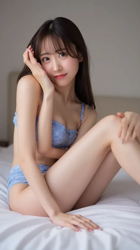  24 year old female 、 Very slim body、 smooth straight hair、 long hair、Very beautiful skin   、  squint and smile、  Extremely Large Breasts 、 thin, tight waist 、 very big breasts、sexy blue lingerie、Love Hotelテルのベッドに男性と2人で座る、 Extremely Large Breasts 、Love Hot...