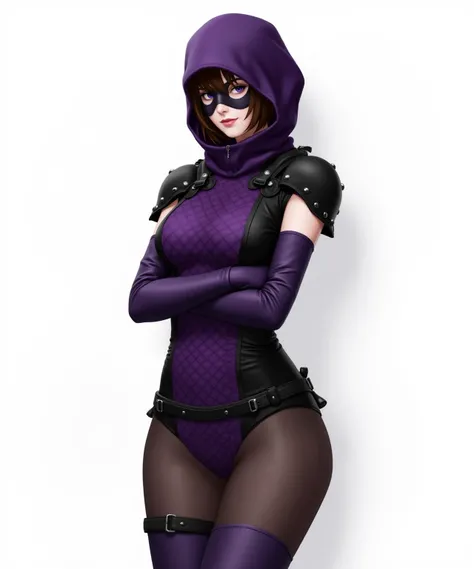 1female, solo, high quality, safe_pos,  FULL-BODY, young woman, realistic, ashgflx,  Brown hair, bob cut style, short hair.  She wears a deep purple hood that partially covers her face, seamlessly extending into a sleek, matching purple eyes mask that conc...