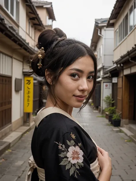 African ebony geisha, very dark black skin, dreadlocks chignon, Happy, kurotomesode kimono, close-up portrait, from face, japan street 