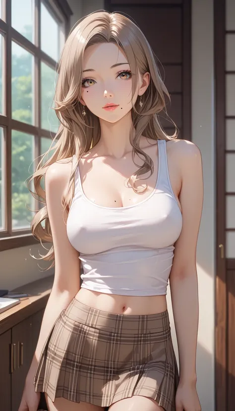 best quality, absurdres, わきDownを見せない, Down,  no background,  becomes transparent when you stare at it {x}, PE, front view, cowboy shot,  perfect beautiful face, Beautiful breasts,  Read more, slim, beauty mark, light brown long hair, parted bangs,  tank to...