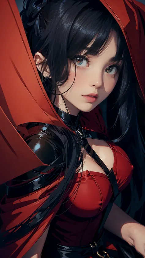 A close up of a woman in a red dress and high heels .,  A depiction of low poly made by an experienced character artist,  Art Station , Fantastic Art,  beautiful and captivating anime-style woman,  Distant shot from a tall angel , anime goddess , Photoreal...