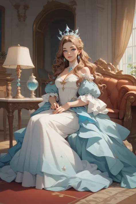 The brown-haired woman with long wavy hair and blue eyes like aquamarine. The background is the living room and she is sitting in a chair with her sitting gracefully like a royal family. She is wearing a light blue and white long dress with an ornate crown...