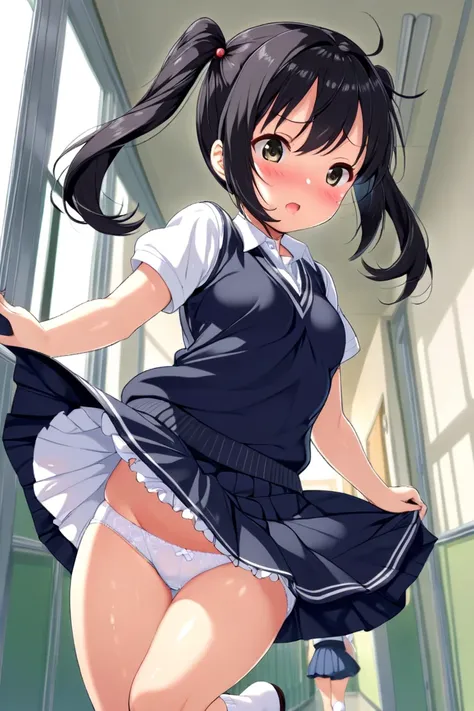 cute, , girl, 1st grade junior high school student, black hair, Twin tails, school uniform, white polo shirt, vest, miniskirt, white high socks, big bust, see-nipples, (((loli))), School corridor, ((shiny skin)), ((white panty)), ((The wind blows up skirt)...