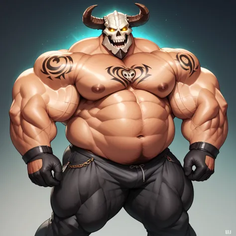 a man with a big giant musclegut tall wide body and big round gut using shirt, black pants, black gloves, and skull helmet which cover every of his face and also horn on the both side. standing still, solo, very big body, very tall body, very wide body, ve...