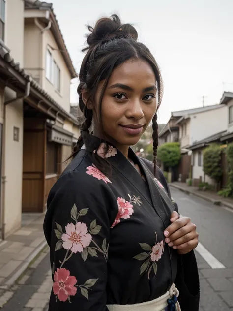 African ebony woman, very dark black skin, dreadlocks chignon, Happy, kurotomesode kimono, close-up portrait, from face, japan street 