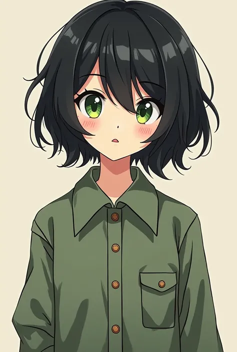 Generate an image, a tomboy character with black color hair, green eyes Wearing a button up (webtoon artstyle)