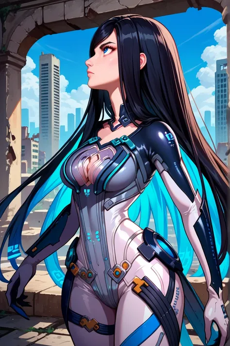 score_9, score_8_up, score_7_up, score_6_up, source_anime, 1girl, solo sbRav, black hair, swept bangs, very long hair, blue eyes, black bodysuit, two-tone bodysuit, grey pants, collarbone, cleavage cutout, gloves, gauntlets, large breasts, blue sky, lookin...