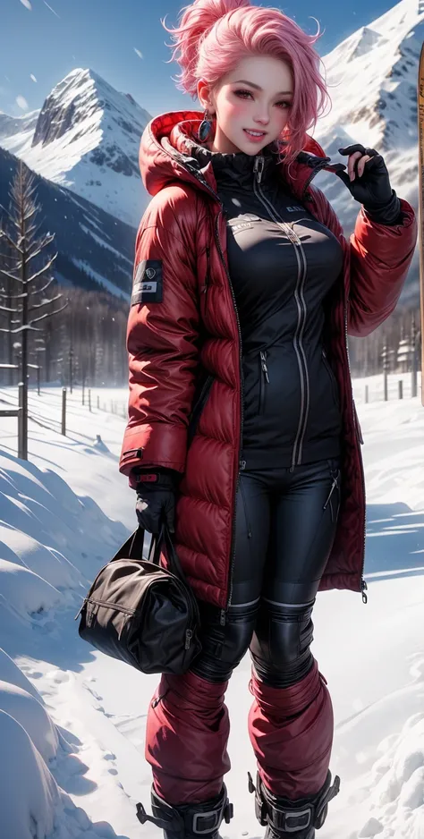  high definition,  best quality,  High detail,  high quality, full length ,full frame, Widescreen ,  full-length girl ,Breasts, earrings,  pink hair ,  blue eyes, makeup,  light smile , scarlet lips,winter, snow ,Mountains,ski suit ,skiing .