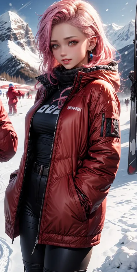  high definition,  best quality,  High detail,  high quality, full length ,full frame, Widescreen ,  full-length girl ,Breasts, earrings,  pink hair ,  blue eyes, makeup,  light smile , scarlet lips,winter, snow ,Mountains,ski suit ,skiing .