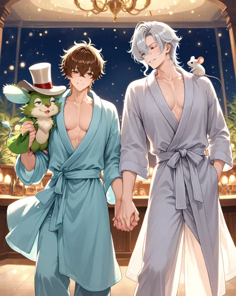 brown haired MALE , mad hatter's vibe, wearing a top hat with a tiny MOUSE and another GUY/MALE, with long silver hair, wearing a bathrobe and long pants