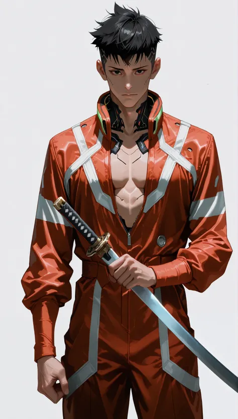 very aesthetic, 걸작, 고해상도, 8k 해상도, high contrast, semrealistic, newest, koreanai, best_quality, finely_detailed_eyes_and_detailed_face, (1 male), cyberpunk, edgerunners, cyberware, black_eyes, black_hair, (under_cut), (masculine), red_jumpsuit, long_sleeves...