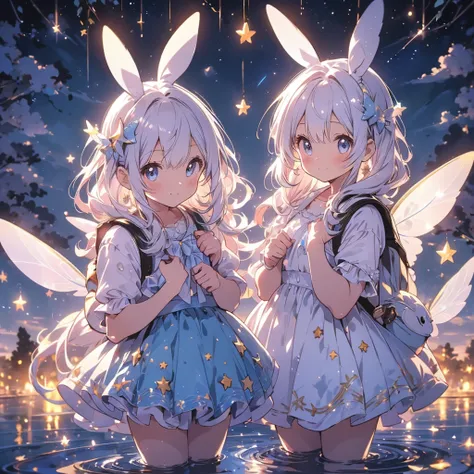 fairy, highly detailed face, highest quality, masterpiece, official art, full HD, CG, high resolution, golden ratio, dramatic lighting, best lighting, crescent moon, stars, meteor shower, starry sky, star fairy, milky white hair, absurd, fantasy, diamond d...