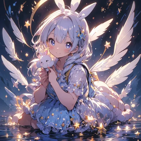 fairy, highly detailed face, highest quality, masterpiece, official art, full HD, CG, high resolution, golden ratio, dramatic lighting, best lighting, crescent moon, stars, meteor shower, starry sky, star fairy, milky white hair, absurd, fantasy, diamond d...