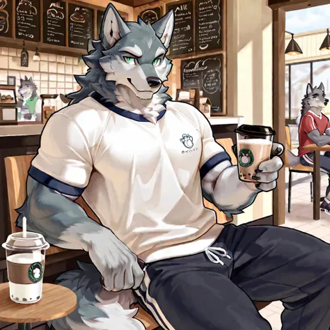 Furry Wolf, Wolf, man,  male, Sitting, buff, casual gym clothes , Coffee Shop, milk tea,  green eyes,  is unique.