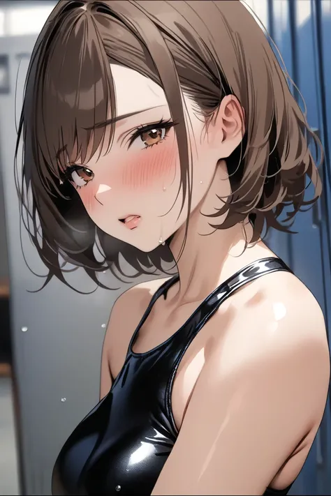 top quality, masterpiece,  Hi-Res, 8k, (1 girl), Alone, (((face shot))),   brown hair short hair, I'm scared and bit my lip ,  locker room, Gymnastics Leotards, milf