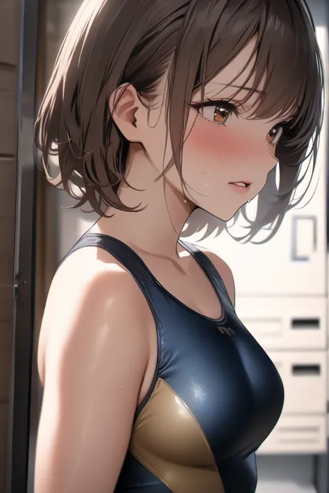 top quality, masterpiece,  Hi-Res, 8k, (1 girl), Alone, (((face shot))),   brown hair short hair, I'm scared and bit my lip ,  locker room, Gymnastics Leotards, milf