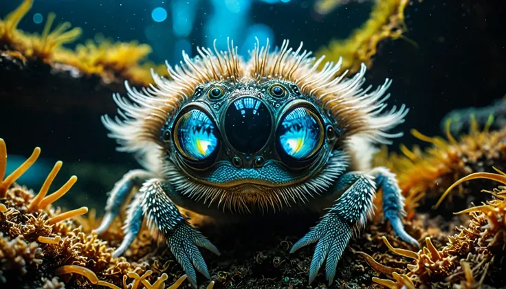 Majestic wildlife photography, astrobiology, a cute alien creature, furry, iridescent bioluminesence, giant eyes, unusual anatomy, kodachrome, retro scifi, ethereal, masterpiece, UHD, HDR10, Canon EOS R5