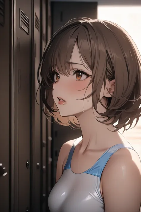 top quality, masterpiece,  Hi-Res, 8k, (1 girl), Alone, (((face shot))),   brown hair short hair, I'm scared and bit my lip ,  locker room, Gymnastics Leotards, milf