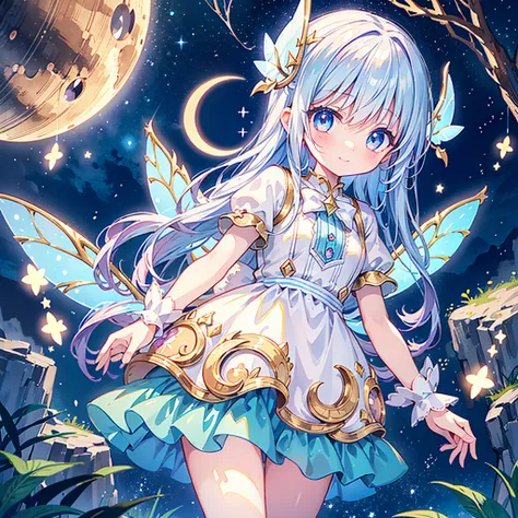 fairy, highly detailed face, highest quality, masterpiece, official art, full HD, CG, high resolution, golden ratio, dramatic lighting, best lighting, crescent moon, stars, meteor shower, starry sky, star fairy, milky white hair, absurd, fantasy, diamond d...