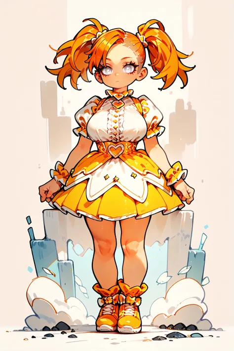 1人の女の子（とても幼い）、full body、,orange hair,undercut,twintails,parted bangs,white eyes, eyelashes,idol costume, expressionless,large breasts,