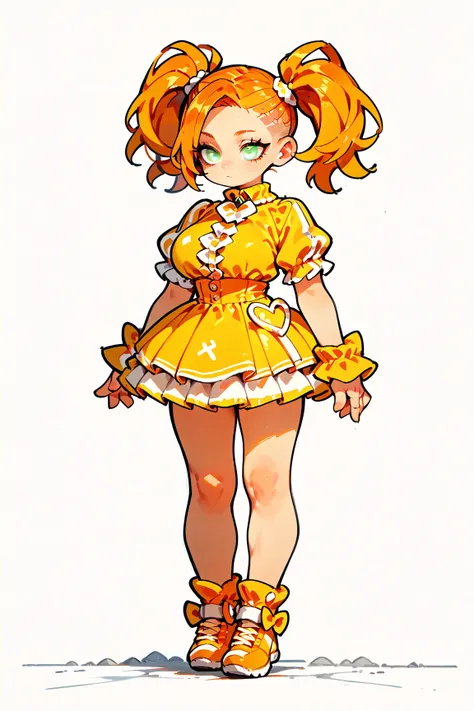 1人の女の子（とても幼い）、full body、,orange hair,undercut,twintails,parted bangs,white eyes, eyelashes,idol costume, expressionless,large breasts,