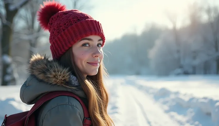 (photorealism:1.2), "A young woman standing outdoors in a snowy landscape, wearing a red knitted hat, a warm jacket, and a backpack strap. The background features snow-covered ground and trees, evoking a serene, wintery scene. Her expression is calm and co...