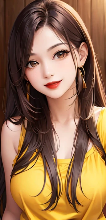 woman, smile, long hair brown, dark, she is solo, red lipstick, from alternative world ,best quality, realistic, yellow shirt, Blue shorts 