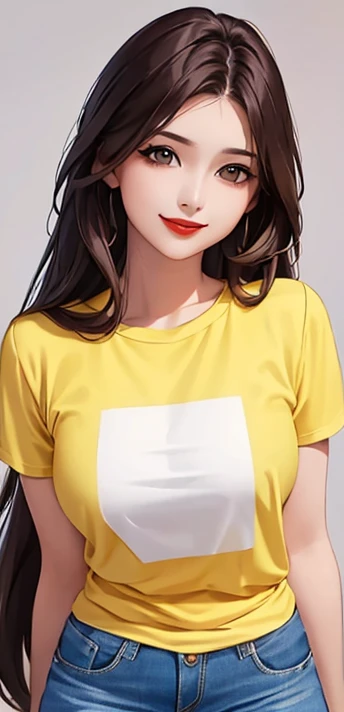 woman, smile, long hair brown, dark, she is solo, red lipstick, from alternative world ,best quality, realistic, yellow shirt, Blue shorts 