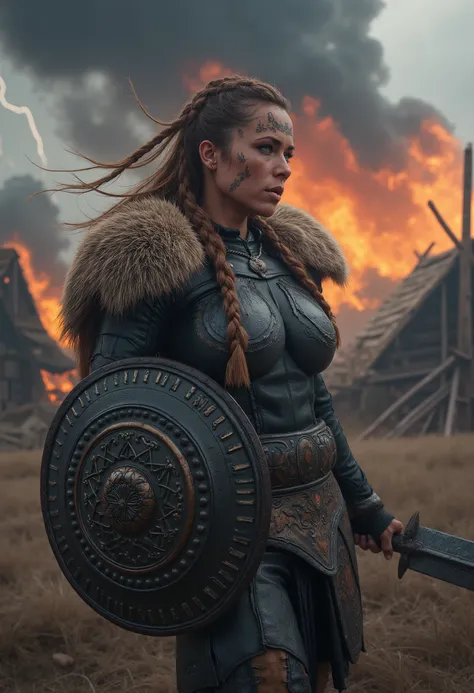 A photorealistic illustration of a warrior Viking woman with mesmerizing blue lights and a bright, tossed tower with braided braids. Her face is decorated with subtle but standard Nordic tattoos with runic patterns, running electric lines of the jaw line a...