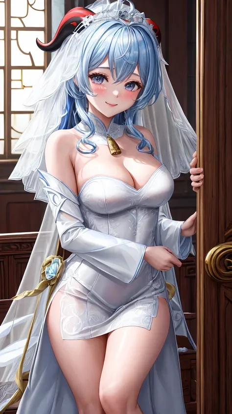 ( highest quality,4k,8K, High resolution , masterpiece),2 people, buttocks,, Front,  smiling,  facial focus, (, character!_ concentrated ), Beautiful Girl ,Enchantment ,fascinating,happiness,sacred,magic effect,  light blue hair  ,horn,(((vestido de bride)...