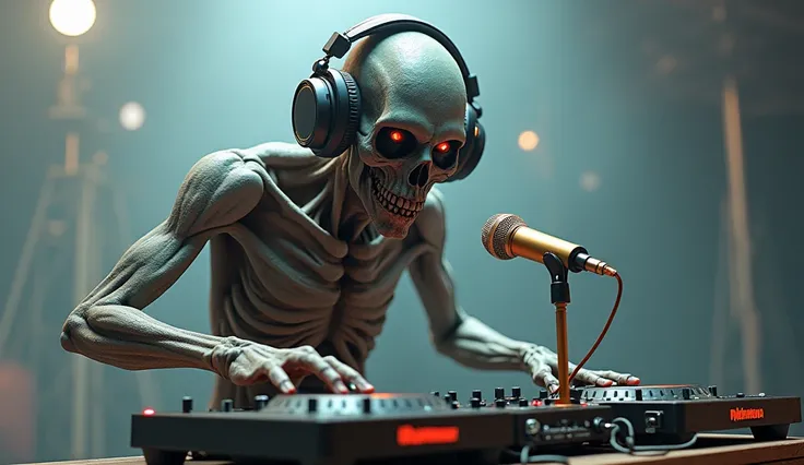 in hyper realistic 3d photo format of a zombie DJ looking straight ahead with headphones and a golden microphone in one hand and with the other hand handling a DJ controller with a transparent background in PNG format 