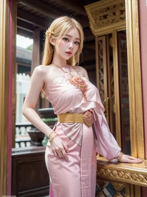 European girl blonde hair , Standing , big breasts , Thaidress , (pink sabai:1.4)