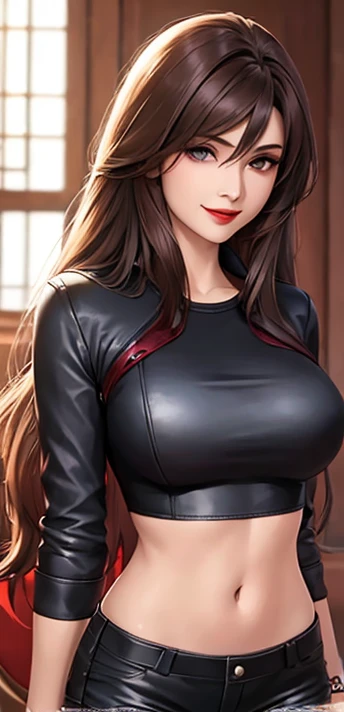 woman, smile, long hair brown, dark, she is solo, red lipstick, from alternative world ,best quality, realistic, blue shirt, biker shorts black