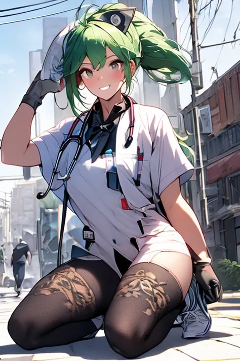 (score_9, score_8_up, score_7_up), source_anime, absurd_res, white, blue, black, a very cute green haired anime girl in nurse outfit kneeling on ground, 1girl, solo, pantyhose, twintails, long hair, green eyes, sitting, leotard, black footwear, white leota...