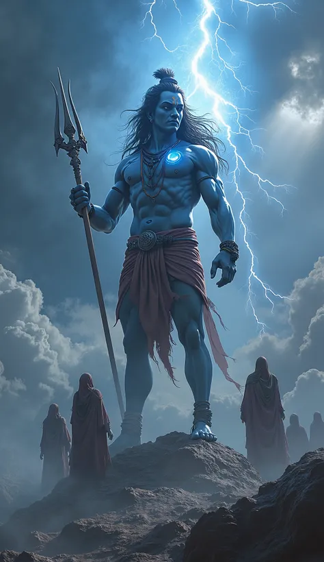 A mighty Lord Shiva, lifting the entire Mount Kailash with one hand, showcasing his limitless strength. His trident sparks with divine energy, and his muscles bulge as he effortlessly holds the mountain. The sky above crackles with lightning, and celestial...