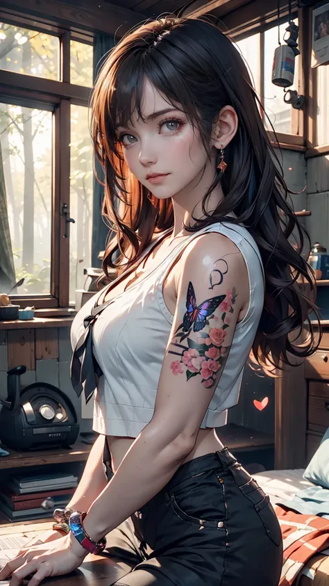 The Last of Us （The Last of Us）、Ellie Williams、Hairstyle:  I casually tie my dark hair 、 I hang my bangs on the left side of my face 、 I have a toned, smart body 、 I have a scar on my right eyebrow 。Also、 I have a moth tattoo engraved on my left arm 、履き古した...