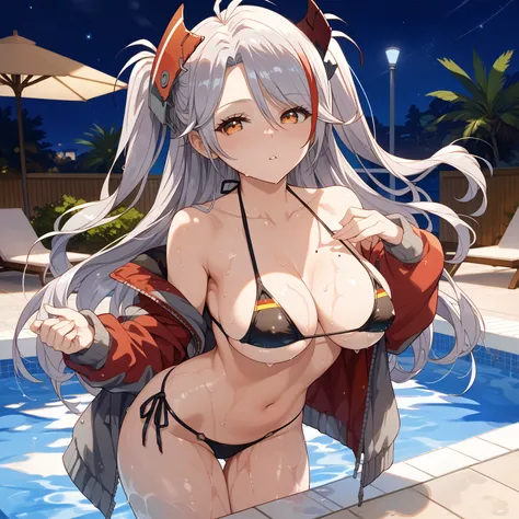 prinz_eugen, orange eyes, grey hair, long hair, streaked hair, bangs, two side up, antenna hair, headgear, mole, mole on breast,Tempting body, glossy skin, glistening skin, Bikini Swimwear, Bikini bottoms, sexy pose, blush, shy, Pose seductively, Posing pr...