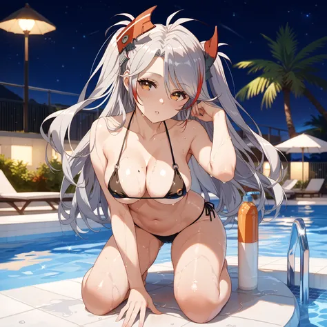 prinz_eugen, orange eyes, grey hair, long hair, streaked hair, bangs, two side up, antenna hair, headgear, mole, mole on breast, Tempting body, glossy skin, glistening skin, Bikini Swimwear, Bikini bottoms, sexy pose, blush, shy, Pose seductively, Posing p...