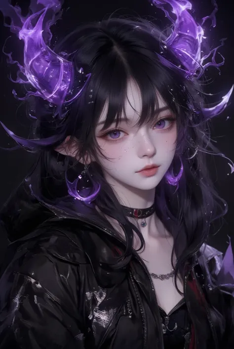 Close-up of a woman ,  Dark Elves, Fractal punk ,   purple flame hair , Portraits，with matte painting ,  beautiful women, skin black , She wears a vampire costume,  with medium sized horns ,  Bright purple eyes .