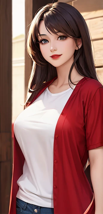 woman, smile, long hair brown, dark, she is solo, red lipstick, from alternative world ,best quality, realistic, red shirt, Blue shorts 