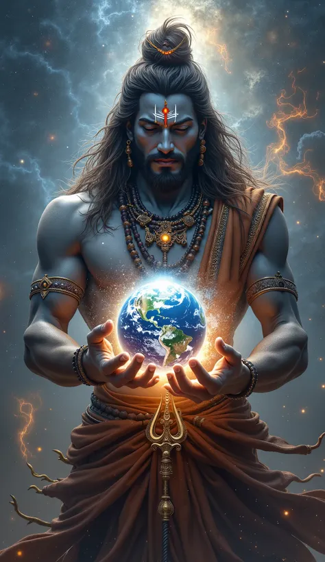 A majestic Lord Shiva holding the Earth in his hands, looking down with compassion. His trident glows with protective energy, and his forehead has a third eye that emits a divine light. His matted locks stretch infinitely into space, blending with the cosm...