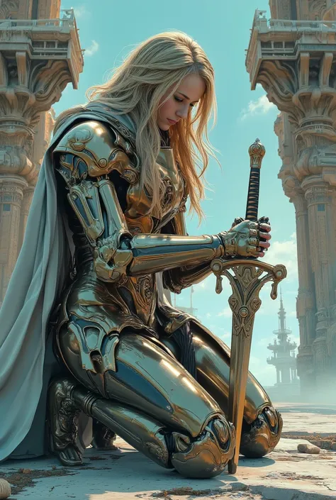   high fantasy steampunk、Long-haired, Blonde Holy Knight 、 someone like Cloud gets down on one knee、 with a magic sword 　 top quality,  Hi-Res,  high detail,  textured skin,  super high heels, 4K. ray tracing 