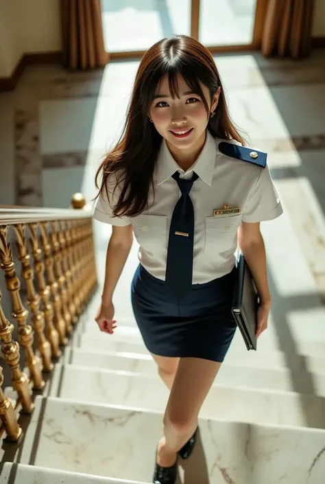 Sexy beautiful Japanese woman, a self defense officer uniform, wearing a white short-sleeved shirts, navy blue tie, navy blue pencil skirt, Black patent high heels, beautiful hip-line, Beautiful thighs, A woman descends a gorgeous spiral staircase caught b...