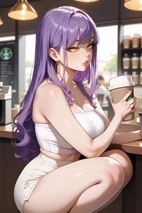  girl、 Tube Top、Purple Hair、 yellow eyes、 oily skin、 squat、anime、 coffee shop 、 long hair