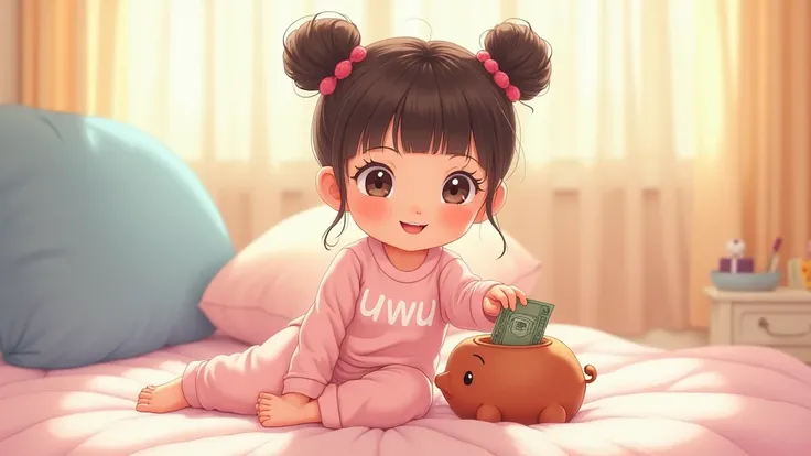 Uwu, a beautiful and adorable girl, has her hair styled into two buns on top with bangs. She wears a soft pink outfit with "uwu" written in white on the front. Barefoot, she sits on her cozy bed, surrounded by soft pillows and pastel-colored blankets. With...