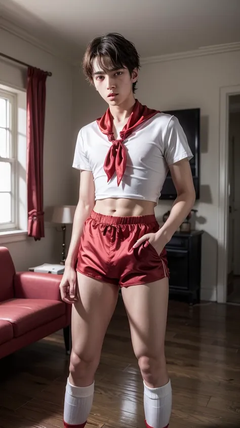 ((full male body)), front view skinny  male boy figure, ((skinny male figure)), cute beautiful age schoolboy, beautiful  male face with big lips , ((High Waisted red silk tight shorts)), ((white silk blouse)), ((red silk pioneer neckerchief)), Beautiful ey...