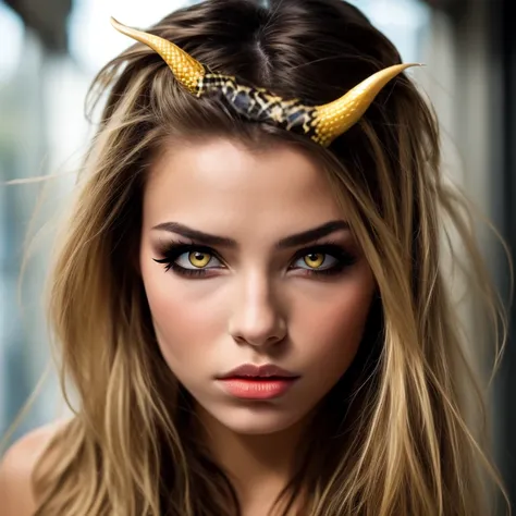 Evil demoness with a head of snake, snakes in her hair, yellow eyes
